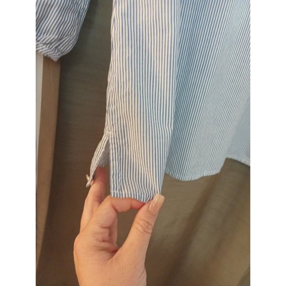 Womens Talbots Dressy Blouse Striped Blue/White Cutout Embroidered sleeves Small - Picture 3 of 8